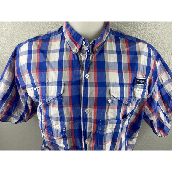 Columbia Men XL Blue Red Plaid Vented Shirt Button Front Fish Camp - Picture 2 of 7